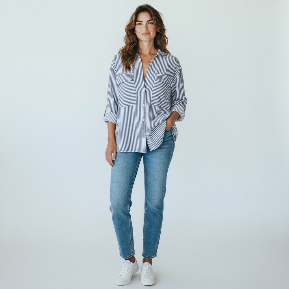 Zara Blue & White Striped Button Down Shirt Medium